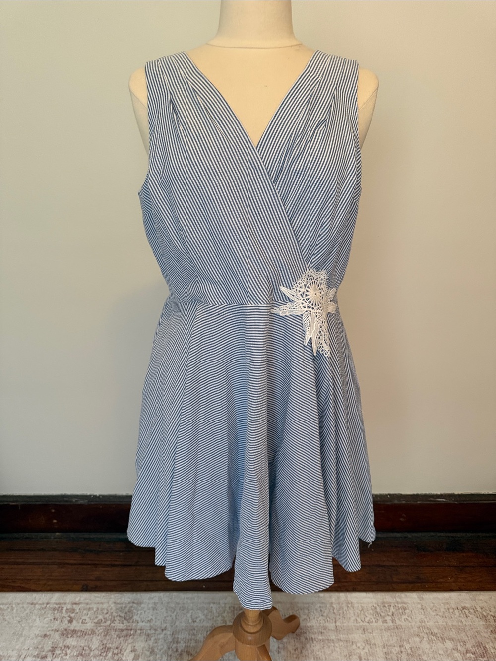 Maison Jules Blue & White Striped Sleeveless Wrap Dress with Lace Detail